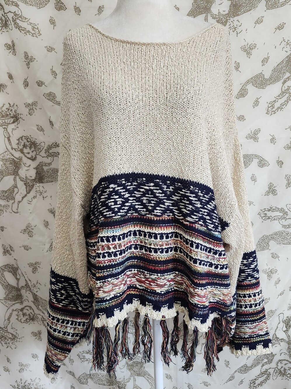 Boho Fringe Knit Sweater - Cream with Navy & Multi Color Pattern